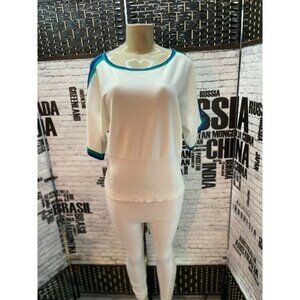 Geneology M White Contrast Striped Trim Cold Shoulder Dolman Sleeve Top